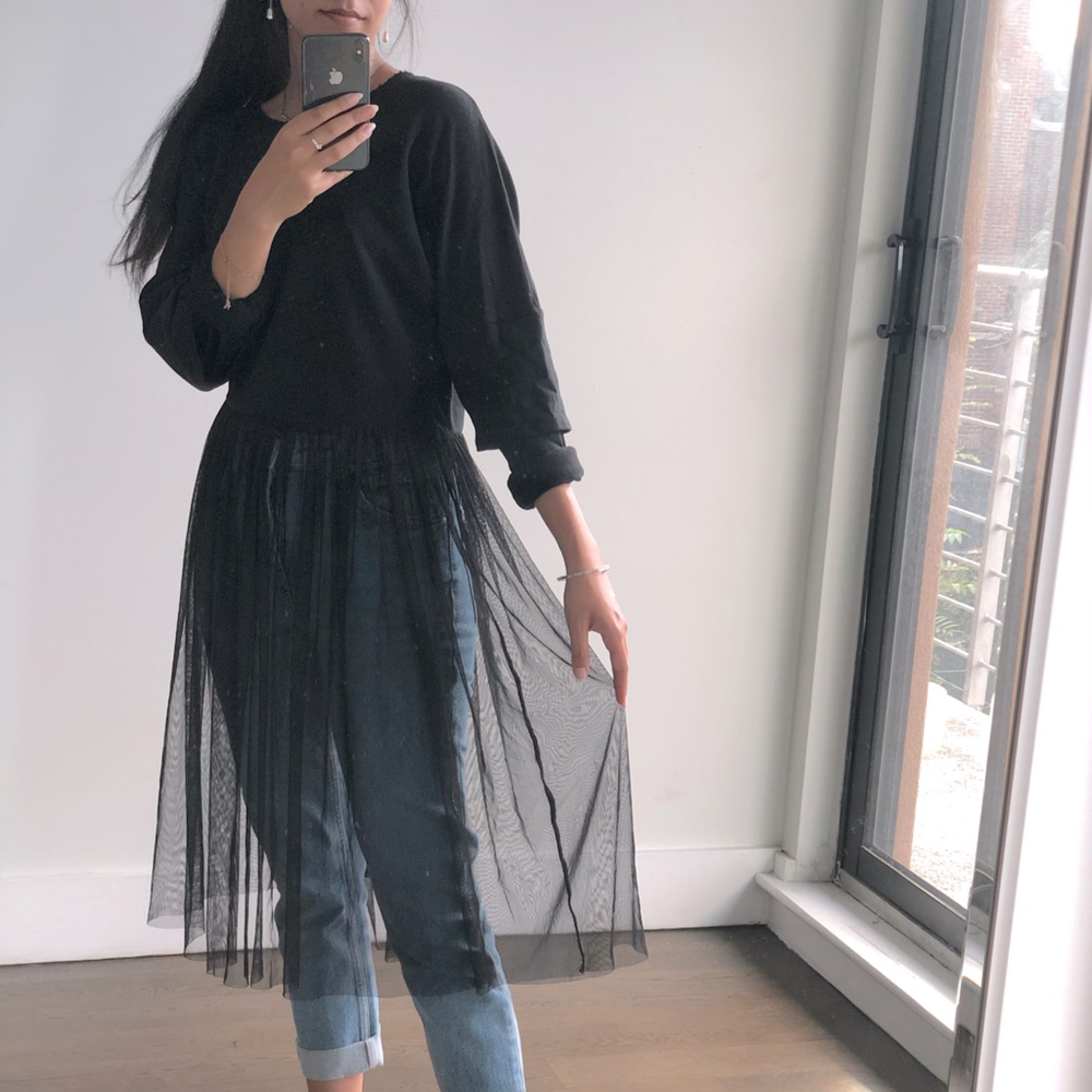 Zara Woman black long sleeve with sheer skirt